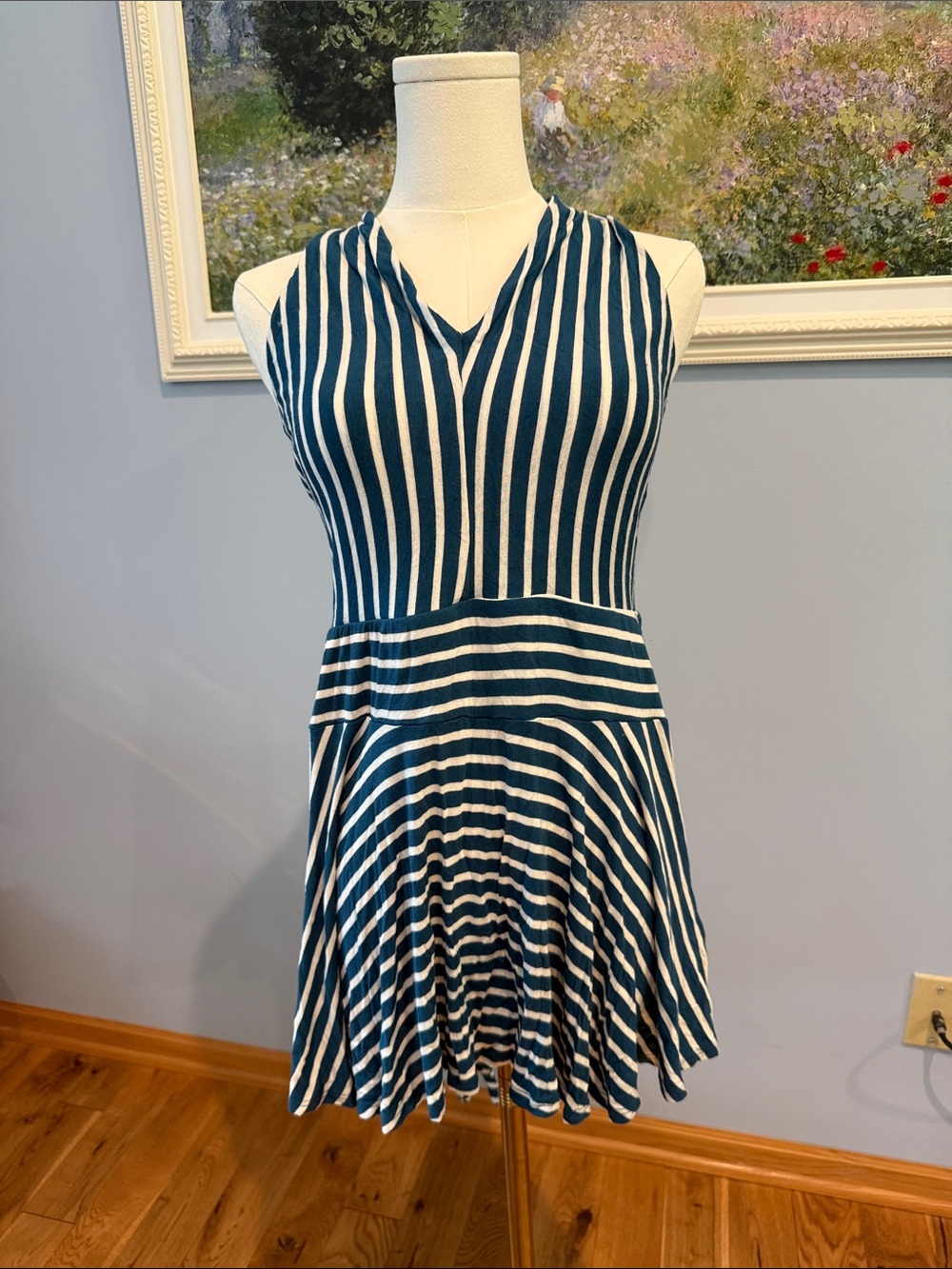 Free People Teal & White Striped Sleeveless V-Neck Mini Dress